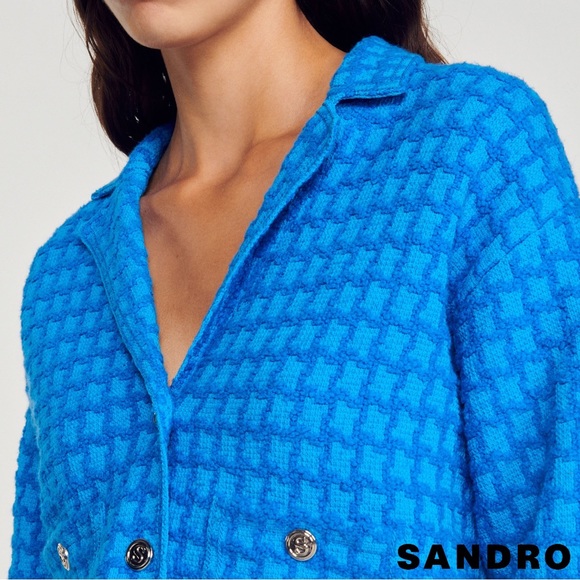 SANDRO Astier Cropped Tweed Coatigan in Electric Blue - Picture 3 of 12
